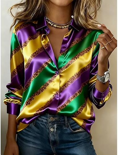  Mardi gras Dames Overhemd Grafisch Geometrisch Vintage Stijlvol Modern Lange mouw Overhemdkraag Normale tops Dagelijks Feestdagen Zwart Geel Paars Groen Zomer Lente