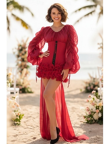  Linha A Assimétrico Curto Mini Vestido antigo Vestido com sobressaia Vestidos para convidadas de casamento Elegante Manga Longa Scoop pescoço Casamento Dia Dos Namorados com Fru-Fru