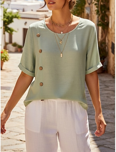  Dame Skjorte Bluse Imitert bomullslin Knapper Helfarge عادي Stilfull Klassisk Moderne Ermeløs Kortermet Crew-hals Vanlige topper Daglig Ferie Ut på byen Blå Svart Hvit Militærgrønn Grønn Sommer Vår