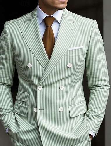  Heren Seersuckerpakken Strand bruiloft Lente bruiloft Blozend Roze Rood Lente zomer Pak Puntige revers Zakelijk Lichtgewicht Gestreept Getailleerd 2-delige set Dubbele knoopssluiting zes knopen