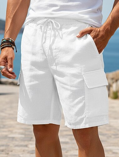  Herren Cargo-Shorts Leinenshorts Sommershorts Strandshorts Kordelzug Elastischer Bund Mehrere Taschen Einfach Komfort Leicht Knielang Outdoor Strand Ferien Urlaub Klassicher Stil Blau Schwarz