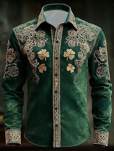  St. Patrick's Day Herren Vierblättriger Kleeblatt Shamrock Keltische Kunst Hemd Button Up Hemd Langarm Vintage Retro Feiertag Frühling Herbst Umgeschlagen 3D Druck Leinenähnliches Hemd Grün 1