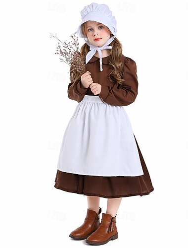  250º Aniversário EUA século 19 década de 1800 Vestido Pradaria Conjunto de touca e avental Manga Comprida Garota Pioneira Colonial Guerra Revolucionária Fantasia Para Meninas Dia Das Bruxas Carnaval