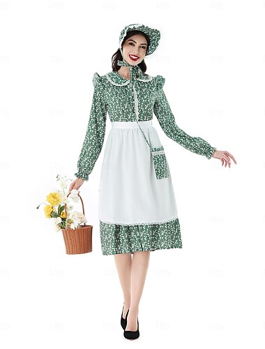  250º Aniversário EUA século 19 década de 1800 Vestido Pradaria Conjunto de touca e avental Manga Comprida Garota Pioneira Colonial Pioneiro Guerra Revolucionária Floral Fantasia Mulheres Dia Das