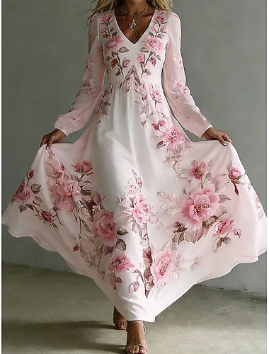  Damen Midikleid Faltenkleid Party Lässig Boho Date Lässiger Schnitt Blumen Grafik Langarm V Ausschnitt Rosa Sommer Frühling