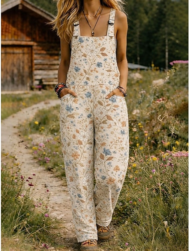  Damen 100% Baumwolle Latzhosen Aktive Blumen Ärmellos Ärmellos Weite Beine Quadrat Ausschnitt Tasche mit Tasche Täglich Strand Lockere Passform Blau Orange Beige Sommer