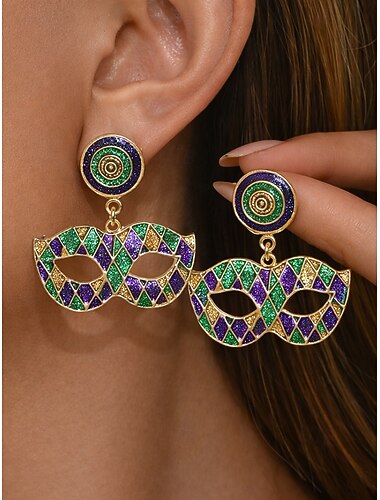  女性用マルディグラをテーマにしたイヤリング - 合金素材、複数のデザインがあり、マルディグラのお祝いやお祭りに最適です。
