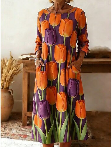  Dame Midikjole Tubekjole T skjortekjole Ferie Fritid Bohem Ferie Stevnemøte Normal Blomstret Grafisk Langermet Crew-hals Hvit Gul Rosa Oransje Sommer Vår