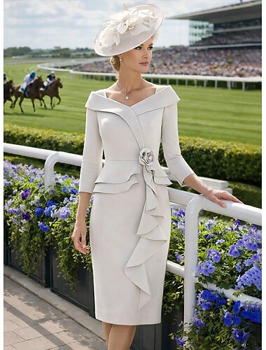  Mekot Frakki Polven yli Häävieraspuku Morsiammen äidin asu 3/4 hiha V kaula-aukko Tyylikäs Vintage Yksinkertainen Muodollinen Häävieras Joustava kangas kanssa Laskeutuvat röyhelöt Kukkakuvio