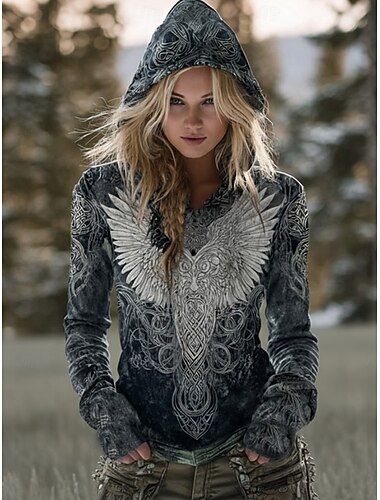  Dame Pullover hettegenser-genser Grafisk Geometrisk Fritid Langermet Med hette Vanlige topper Avslappet Hverdag Sport Svart Vår Høst