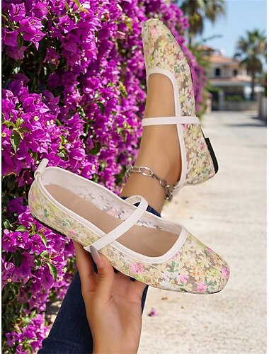  Women's Floral Embroidered Mesh Mary Jane Flats – Elegant Tropical Island Style, Breathable Slip-On Shoes for Beach Resort Vacations and Summer Travel