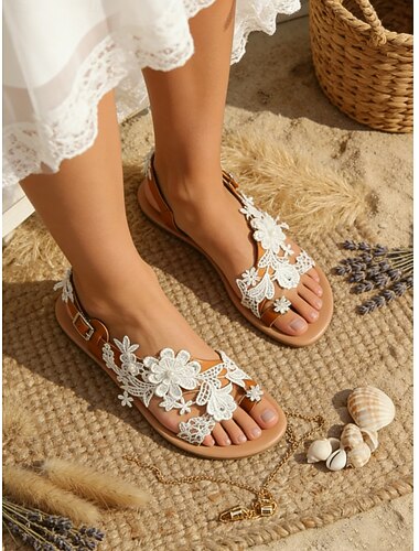  brudesandaler med hvite blonder for kvinner – håndlagde flate bryllupssandaler for strand- og boho-bryllup
