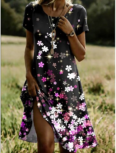  Damen Midikleid Sommerkleid T-Shirt-Kleid A Linie Kleid Urlaub Lässig Täglich Ferien Ausgehen Normale Passform Blumen Grafik Kurzarm Rundhalsausschnitt Purpur Fuchsie Grün Sommer Frühling