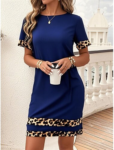  Mulheres Vestido no Joelho Vestido casual Vestido da bainha Vestido estampado Moda Moderno Diário Ao ar livre Férias Normal Leopardo Manga Curta Gola Redonda Azul Preto Vinho Verão Primavera