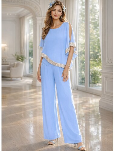  Tweedelig Broek Tot de grond Moeder van de bruid jurk Halve mouw Ronde hals Elegant Vintage Eenvoudig Bruiloft gast Feestdagen Formele avonden Chiffon met Pailletten