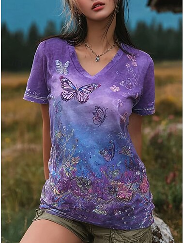  Dames T-shirt Afdrukken Bloemig Grafisch Vintage Stijlvol Klassiek Korte mouw V-hals Lange tops Dagelijks Paars paars Zomer Lente