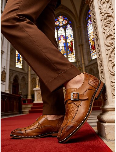  Chaussures habillées pour homme, marron, à boucle, finition polie, style classique et formel, idéales pour les mariages, l'église et les événements formels.