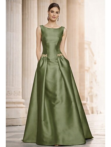  A-Linie Bodenlang Abendkleid Elegant Glitzern Ärmellos U-Boot-Ausschnitt Hochzeit Formell Satin mit Gerafft Kristalle