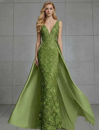  Sirène Trompette Longueur au sol Robe de Soirée Robe de bal avec surjupe Tenue de soirée Élégant Sans manches Col en V Mariage Formel Satin Dentelle Dos nu avec Broderie Appliques