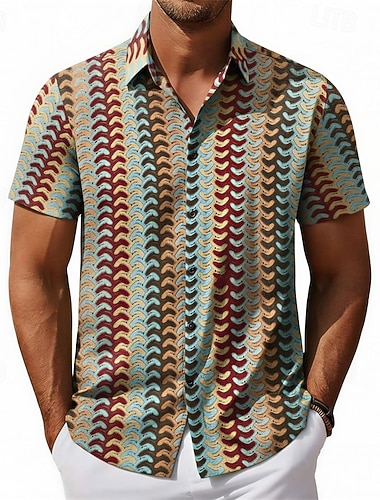  Herren Hemd Textur Freizeithemd Knopfhemd Jacquard-Hemd Rote Grün Kaki Kurzarm Geometrisch Einfach Hemdkragen Lässig Täglich Loch Bekleidung Elegant Mode Lässig