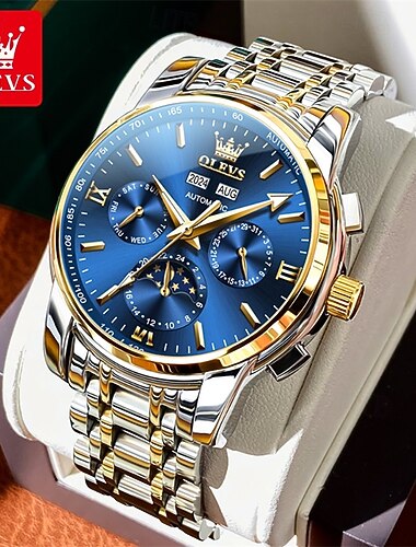  Nowy, męski zegarek biznesowy marki Olevs z fazami księżyca, kalendarzem, wskaźnikiem 24-godzinnym i wyświetlaczem tygodniowym. W pełni automatyczny zegarek mechaniczny z wieloma funkcjami i