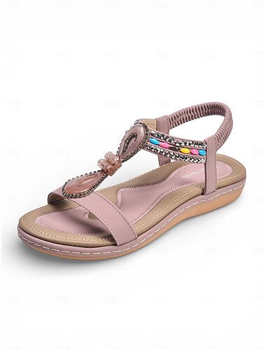  damesandaler i mauvefarget, bohemsk stil med t-stropper og perler – flate sommersko med imitert stein til øyferier, fritidsreiser og hagefester