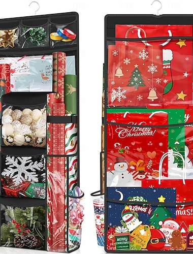  Hängender Geschenkpapier-Organizer, doppelseitiger Geschenkverpackungs-Organizer, Aufbewahrungsbehälter für Weihnachtsdekoration mit drehbarem Haken, großes Fassungsvermögen für Festtagsdeko, Bänder