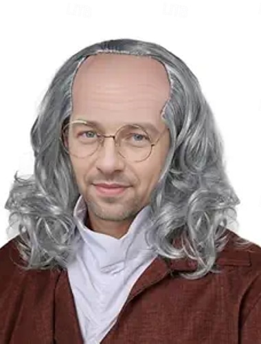  Gammel mannsparykk skallet grå kort bølget kolonialparykk cosplay halloween-kostymer parykker for menn
