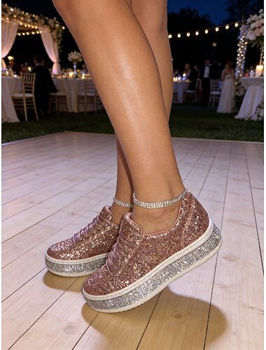  Roségouden glitter platform sneakers voor dames, feestelijke schoenen met strasszool voor het uitgaansleven &bruiloft afterparty