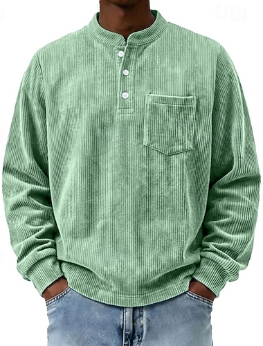  Herren T Shirt Cordhemd Henley Hemd T-Shirt Langarm Henley Frühling Herbst Einfarbig Vintage Streetwear Stilvoll Tasche Raglanärmel Täglich Outdoor Urlaub Schwarz Blau Grün Top T-Shirt für Herren