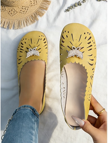  ballerine larghe gialle da donna con dettaglio di strass a farfalla, scarpe slip-on eleganti e comode per l'uso quotidiano, uscite primaverili/estive, passeggiate informali e attività all'aperto