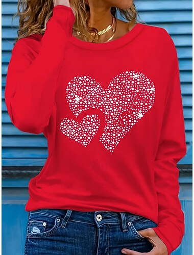  Valentijnsdag Dames T-shirt Afdrukken Hart Grafisch Vintage Modieus Stijlvol Lange mouw Strakke ronde hals Normale tops Dagelijks Weekend Wit Rood Zomer Lente