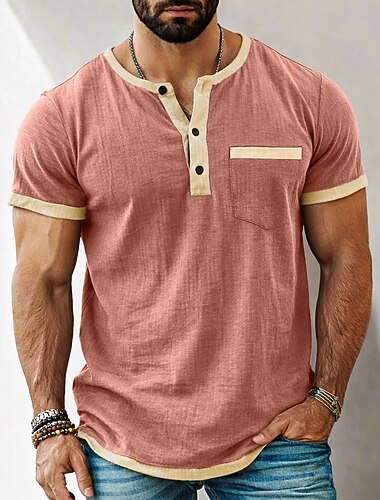  Herren T Shirt Henley Hemd T-Shirt Kurzarmshirt Kurzarm Henley Frühling & Sommer Sommer Frühling Farbblock Einfach Mode Designer Basic Tasche Urlaub Straße Ausgehen Rosa Top T-Shirt für Herren
