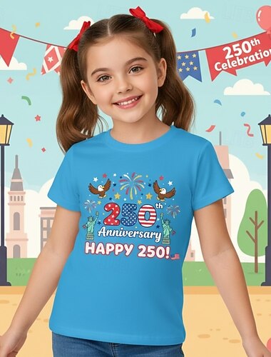  Para Meninas 3D Gráfico 250º Aniversário Camisa Camiseta Manga Curta Impressão 3D Verão Primavera Esportes Moda Roupa de rua Infantil 4-12 anos Gola Redonda Casual Diário Ao ar livre Normal