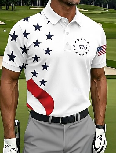  4 يوليو 2026، الذكرى 250 رجالي علم الولايات المتحدة الأمريكية غولف قمصان بولو رياضية كم قصير قمصان البولو قميص بياقة كاجوال ملابس الرياضة ملابس المهرجان Buttons الصيف الربيع أزرق أبيض أحمر