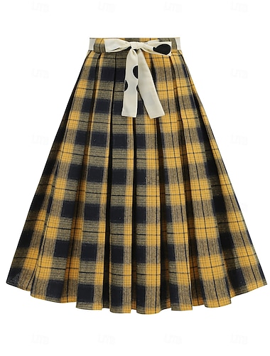  Années 1950 Rétro Vintage Rockabilly Longue longueur Jupe trapèze À carreaux Déguisement Femmes Carnaval Saint-Valentin Occasionnel Tenue quotidienne Fête du thé Adultes Jupe Printemps & Été