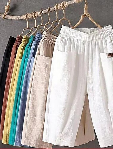  Damskie Spodnie lniane Spodnie capri Letnie szorty Szorty plażowe Urlop Moda Moda miejska Długość do łydki Wysoka talia Równina Kieszeń Elastyczny pas Komfort Szybkie wysychanie Miękka Elastyczny