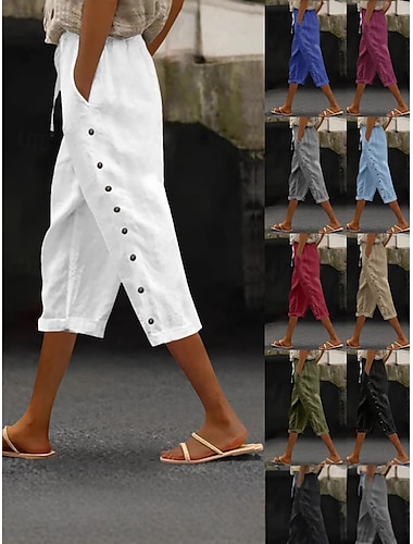  Femmes Pantalon capri Faux coton lin Chinos Shorts d'été Vacances Streetwear Occasionnel Longueur mollet Taille moyenne Uni Avec Poches Taille Élastique Confort Respirant Non Elastique Quotidien