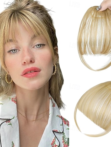  Clip-in-Pony, fransiger Pony zum Einclipsen, natürlicher Fake-Pony mit Schläfenpartie, Haarteile zum Einclipsen, Fake-Pony-Haarverlängerungen zum täglichen Tragen, aschblond