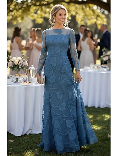  Linea ad A Lunghezza al pavimento Abito da invitata a nozze Abito Floreale Abito da sera Abito da cerimonia per signora Manica Lunga Scollo a Barca Elegante Formale Pizzo con Pizzo