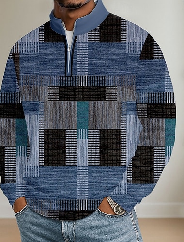  Per uomo Blocco di colori Geometrico Polo Manica Lunga Colletto Mao Athleisure Vacanza Athleisure Casual Quotidiano Stampa 3D Primavera Autunno Blu Viola Marrone