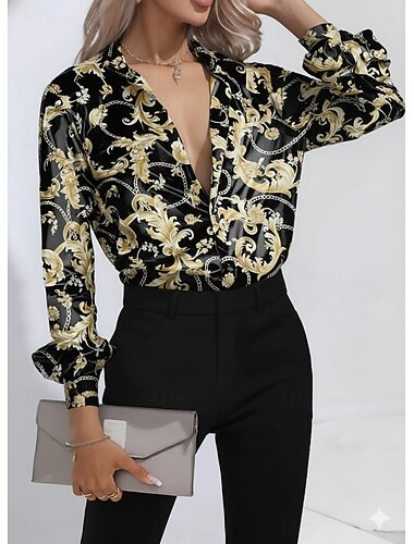  Dame Skjorte Blomstret Grafisk Geometrisk Årgang Stilfuld Moderne Langærmet Krave Almindelige toppe Daglig Ferie Sort Vin Guld Efterår Vinter
