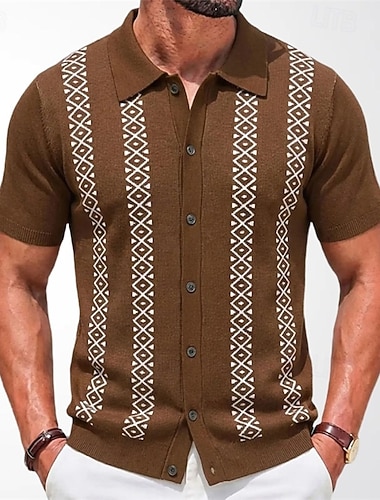  Herren Hemd Freizeithemd Knopfhemd Jacquard-Hemd Schwarz Marineblau Braun Kurzarm Einfach Hemdkragen Lässig Täglich Fronttasche Bekleidung Elegant Vintage Mode Lässig
