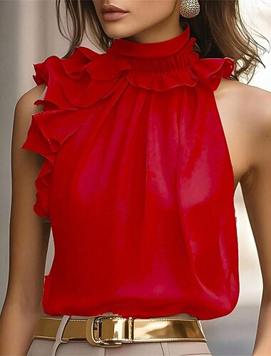  Dame Sommertopper Bluse Dressy topper Rynket Drapering Lapper Helfarge عادي Elegant Årgang søt stil Ermeløs Grimehals Vanlige topper Daglig Arbeid Ferie Svart Rød Brun Aprikos Sommer Vår
