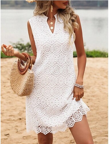  Damen Minikleid A Linie Kleid Sommerkleid Lässig Täglich Lässiger Schnitt Einfach Ärmellos V Ausschnitt Weiß Sommer