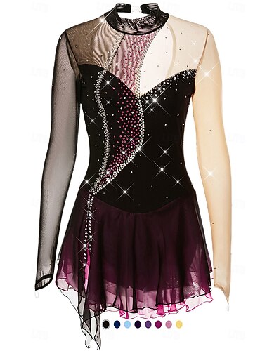  Taitoluistelupuku Naisten Tyttöjen Luistimet Hameet Asut Vaalea purppura Tumma purppura Musta ja purppura Avoin selkä Silmukka Spandex Erittäin elastinen Kilpailu Luisteluasu Käsintehty Kristalli