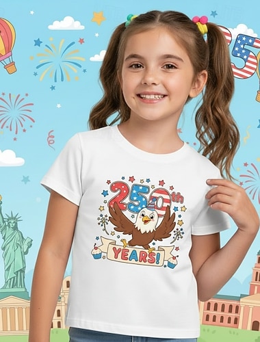  100% Baumwolle Kinder Mädchen Blau Schwarz Weiß Grafik Adler 250-jähriges Jubiläum T-Shirt Rundhalsausschnitt Kurzarm Urlaub Sport & Outdoor Alltagskleidung Aktiv Mode Lässig Drucken Sommer