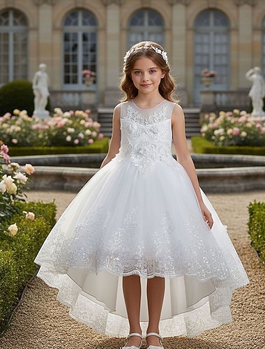  Abito da damigella d'onore bambina Ragazze Abito formale Abiti da sposa Feste Matrimonio Formale Adorabile Formale Principessa Abito per la Prima Comunione Patchwork Rete Tinta unica Senza Maniche