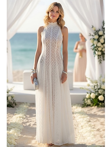  Deux Pièces Ligne A Longueur au sol Robe d'invité de mariage petite robe blanche Élégant ancien Petites Robes Blanches Sans manches Col haut Mariage avec Dentelle