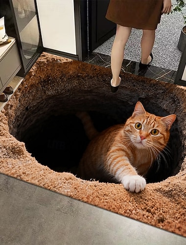 Fußmatte mit 3D-optischer Täuschung einer roten Katze, die aus einem Loch lugt – 2D-Flachdruck-Teppich für verspielte Eingangsbereichdekoration und einladende Willkommensmatte